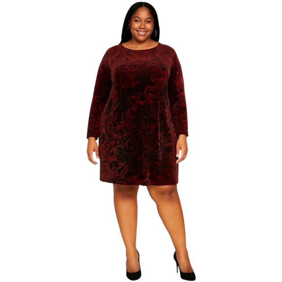 Cato Women's Plus Red Blue Velour Floral A Line Midi Dress Size 18W 20W - Picture 1 of 4